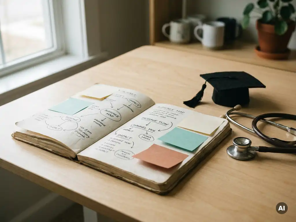 Open notitieboek met handgeschreven diagrammen en sticky notes op modern bureau, met stethoscoop en afstudeerhoedje, warm natuurlijk licht.