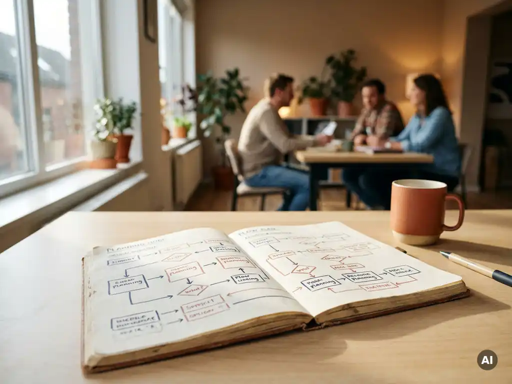 Opengeslagen notitieboek met handgeschreven planningsdiagrammen en pijlen op een modern bureau, collega's zichtbaar op de achtergrond.